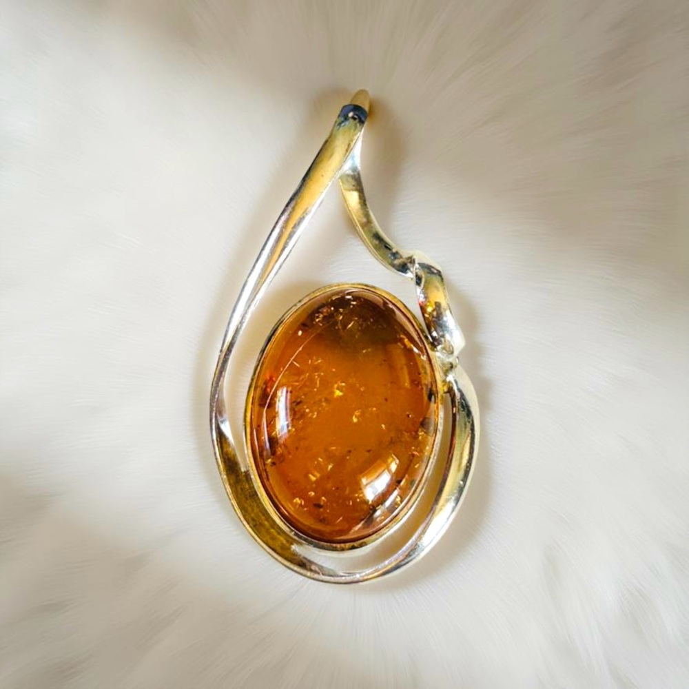 925 Sterling Silver & Genuine Amber Free Form Pendant for Necklace